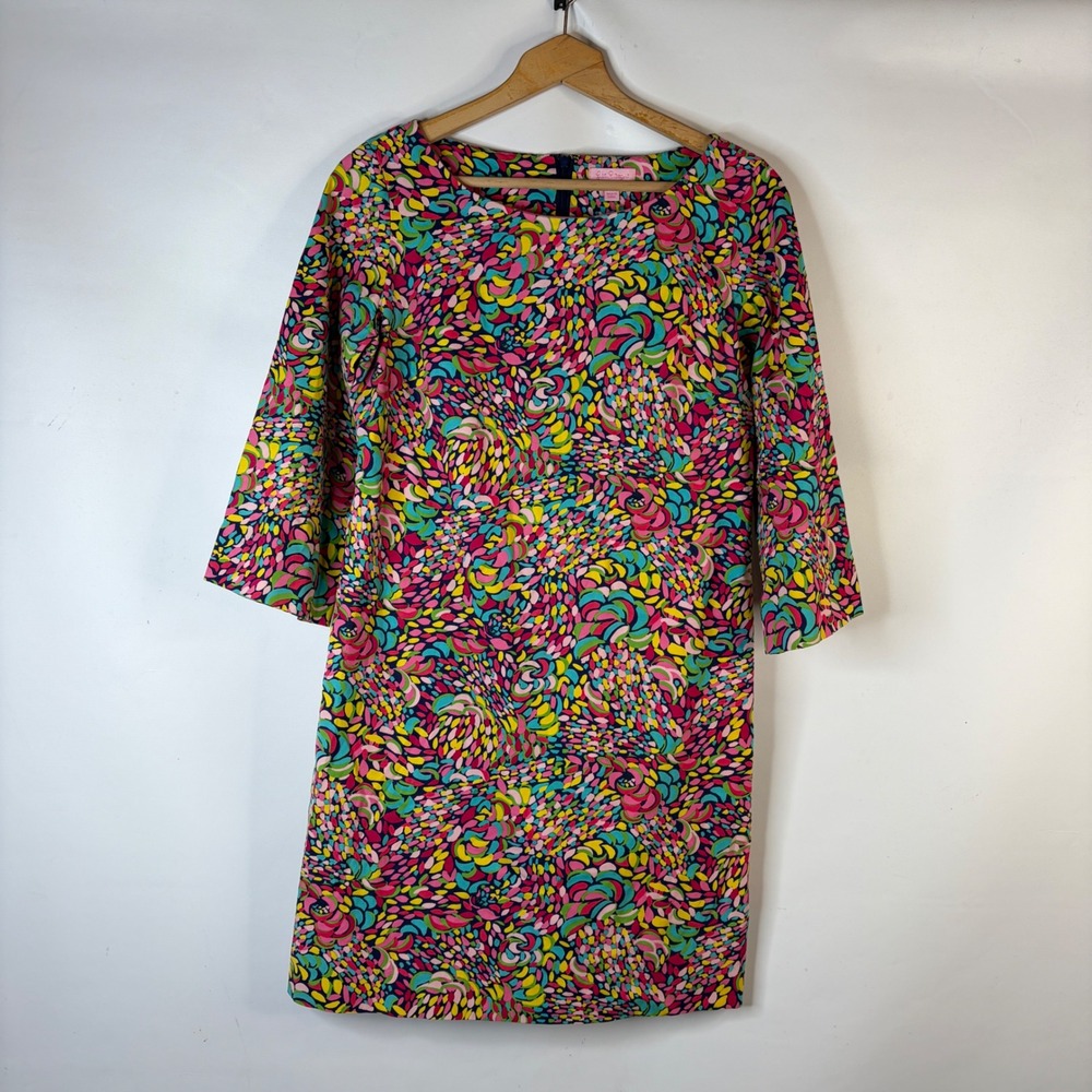 Lilly Pulitzer Shift Dress Women 8 Multicolored Abstract Floral 3/4 Bell Sleeve